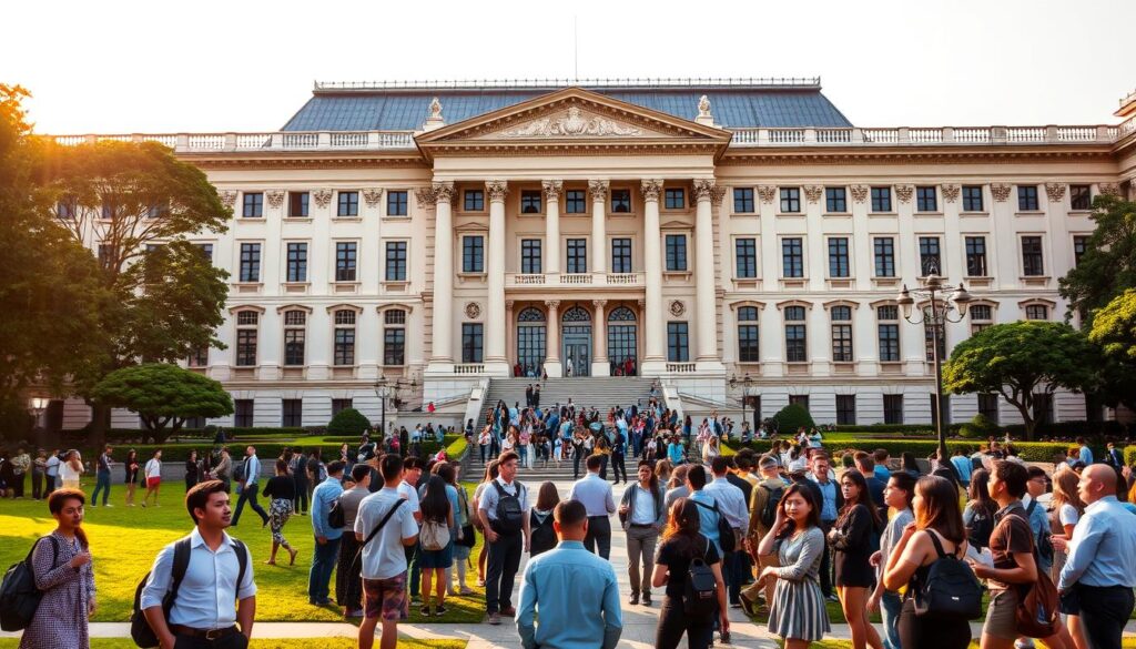 A scenic view of the imposing facade of a prestigious university campus in Singapore, bathed in warm, golden afternoon sunlight. The majestic, neoclassical architecture stands tall, exuding an air of academic excellence and opportunity. In the foreground, a group of prospective students, dressed in their best attire, eagerly gather, their faces filled with anticipation and excitement as they await their admissions decisions. The campus grounds are impeccably maintained, with lush greenery and well-manicured lawns framing the iconic buildings. A sense of tradition and innovation permeates the scene, reflecting the renowned reputation of this top-tier institution.