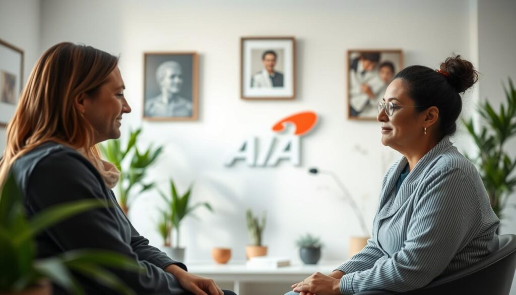A serene and tranquil scene of a mental health counseling session in a modern, well-lit office. In the foreground, a therapist and patient engage in a thoughtful discussion, their expressions conveying empathy and understanding. The middle ground features tasteful decor, including potted plants and art pieces, creating a calming ambiance. The background subtly highlights the AIA logo, symbolizing the comprehensive mental health coverage provided. Soft, diffused lighting from large windows bathes the space in a gentle glow, fostering an atmosphere of comfort and safety. The overall composition evokes a sense of care, support, and the importance of mental well-being.