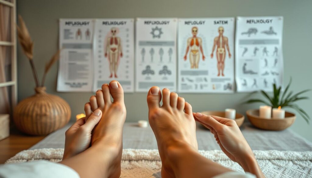 A serene and tranquil scene showcasing the health benefits of reflexology. In the foreground, a person's feet are being gently massaged by skilled hands, with intricate pressure points on the soles highlighted. The middle ground features various reflexology charts and diagrams, illustrating the interconnection between the feet and the body's systems. The background is a calming, spa-like environment, with soft lighting, natural textures, and soothing colors that evoke a sense of relaxation and well-being. The overall atmosphere conveys the restorative and rejuvenating power of regular foot massages.