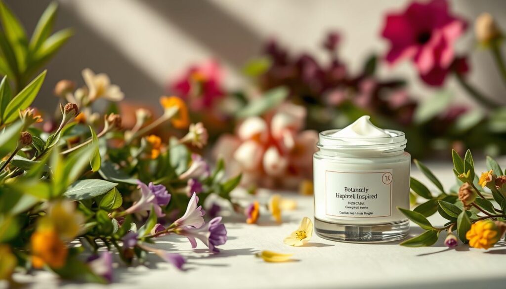 A serene botanical scene capturing the essence of botanically inspired skincare. In the foreground, an array of lush, vibrant plants and flowers meticulously arranged, their delicate petals and leaves casting soft, natural shadows. The middle ground features a sleek, minimalist glass jar containing a rich, creamy skincare product, its label bearing a simple, elegant design. The background showcases a tranquil, muted color palette, with hints of natural light filtering through, creating a soothing, spa-like ambiance. The lighting is soft and diffused, highlighting the organic textures and tones of the botanical elements. Captured with a shallow depth of field, the overall composition conveys a sense of harmony, purity, and the restorative power of nature-inspired skincare.