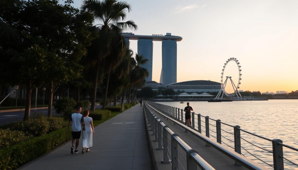 A serene evening in Singapore's Marina Bay, the skyline reflected in the calm waters. In the foreground, a couple strolls along the promenade, taking in the tranquil atmosphere. The middle ground features lush greenery and a jogger enjoying the quieter streets. In the background, the iconic Marina Bay Sands hotel and Singapore Flyer stand tall, bathed in a warm, golden glow from the setting sun. The scene conveys the benefits of visiting Singapore during off-peak seasons - fewer crowds, more space to explore, and a chance to experience the city's landmarks in a peaceful, unhurried manner.