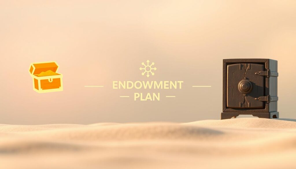 A serene financial landscape, with a central endowment plan icon flanked by contrasting icons representing its benefits and drawbacks. The benefits are portrayed as a glowing, golden treasure chest, radiating a sense of prosperity and security. In contrast, the drawbacks are depicted as a cracked, weathered safe, symbolizing potential risks and uncertainties. The background features a soft, hazy gradient, creating a pensive, contemplative atmosphere, inviting the viewer to weigh the tradeoffs of this financial instrument. The composition is balanced, with clean lines and a minimalist aesthetic, guiding the eye towards the core elements. Warm, natural lighting casts subtle shadows, adding depth and dimension to the scene.