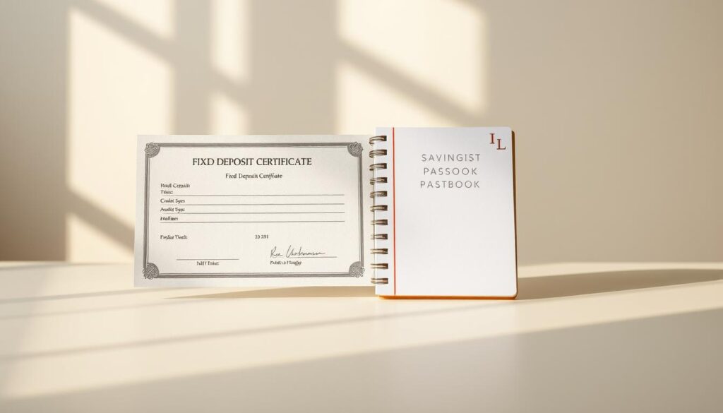 A serene, minimalist composition showcasing the contrast between a fixed deposit certificate and a savings account passbook. Set against a soft, blurred background, the two financial instruments are positioned side-by-side, casting subtle shadows on a clean, off-white surface. Warm, natural lighting illuminates the textured details of the documents, highlighting their distinct visual characteristics. The scene conveys a sense of stability, security, and the careful consideration required when choosing between these investment options.