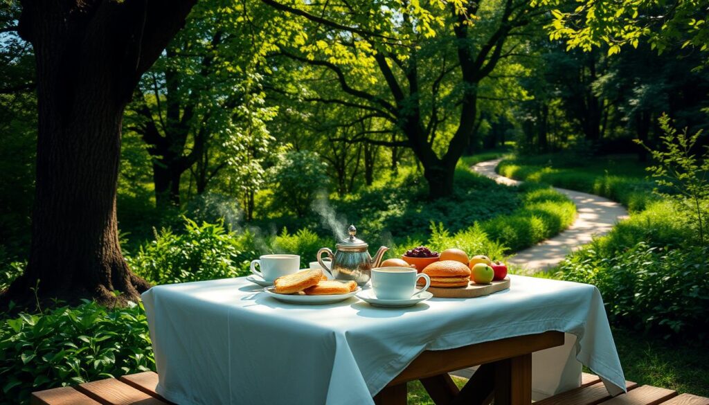 A serene outdoor brunch setting nestled in a lush, verdant nature walk. A quaint wooden table adorned with a crisp white tablecloth, topped with a delectable array of brunch fare - steaming coffee, freshly baked pastries, and seasonal fruits. Dappled sunlight filters through the canopy of towering trees, casting a warm, golden glow over the scene. In the background, a winding path leads deeper into the tranquil natural landscape, inviting guests to explore. The atmosphere is one of relaxation and rejuvenation, the perfect escape for a leisurely weekend brunch.