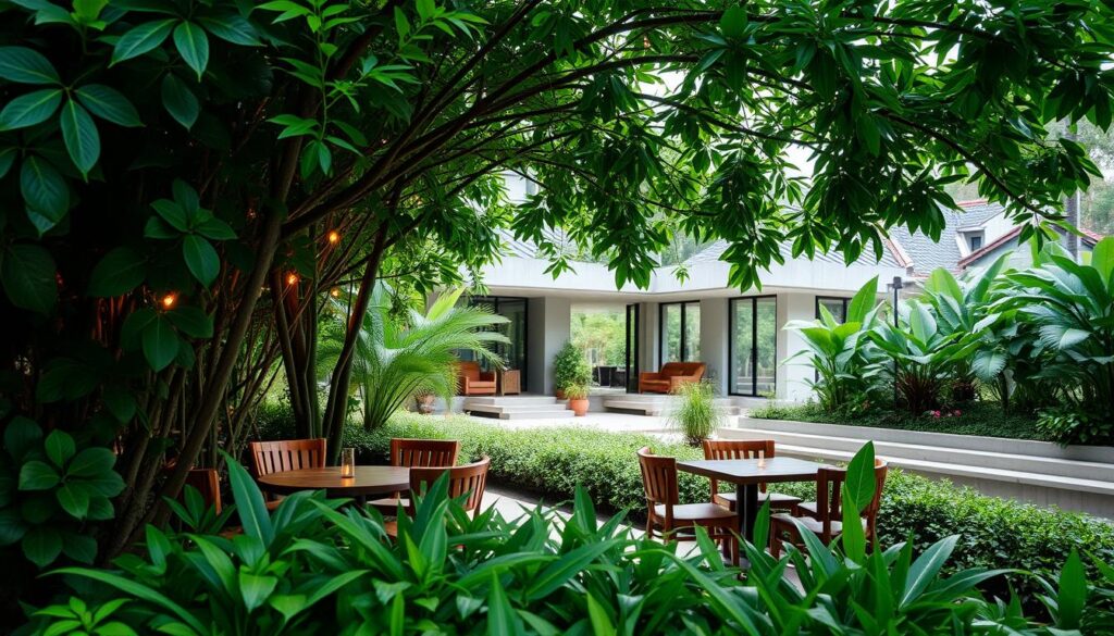 A serene outdoor dining scene in Singapore, where nature and architecture harmoniously converge. In the foreground, a lush, verdant canopy of vibrant foliage envelops a cozy, intimate dining area. Elegant wooden furniture is strategically placed among the greenery, creating a sense of tranquility. Soft, diffused lighting filters through the leaves, casting a warm, ethereal glow over the scene. In the middle ground, a modern, minimalist structure seamlessly blends with the natural surroundings, its clean lines and large glass panels allowing the outdoors to flow indoors. In the background, a serene pond or small stream reflects the verdant landscape, adding to the overall sense of peace and harmony. The atmosphere evokes a calm, rejuvenating ambiance, perfect for a nature-infused dining experience in the heart of vibrant Singapore.