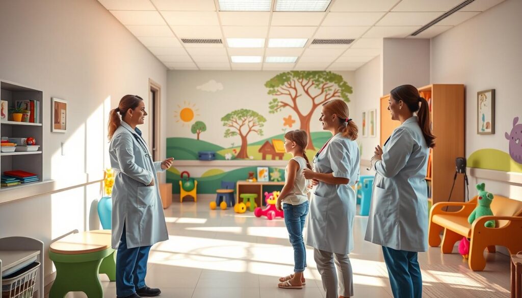 A serene pediatric clinic, bathed in warm, natural light. In the foreground, a team of healthcare professionals - a doctor, nurse, and child life specialist - engaged in collaborative discussion, their body language conveying a sense of teamwork and care. The middle ground features a playful, age-appropriate waiting area, with colorful toys, books, and comfortable seating, creating a welcoming environment for young patients. In the background, a wall-size mural depicts a vibrant, whimsical scene, reflecting the clinic's dedication to holistic, child-centric care. The overall atmosphere is one of expertise, empathy, and a shared commitment to the well-being of the children.