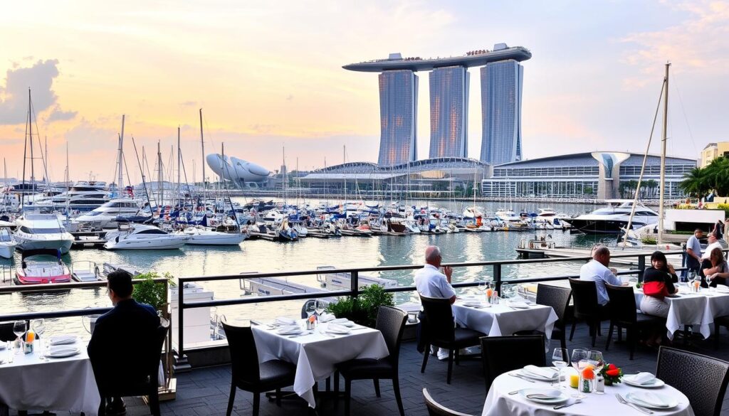 A serene waterfront dining scene at Marina Bay, Singapore. In the foreground, a well-appointed outdoor restaurant with elegant tables and chairs, adorned with crisp white tablecloths and fine china. Patrons dine alfresco, enjoying the gentle breeze and captivating views. The middle ground features a bustling marina, with sleek yachts and sailboats moored along the docks. In the background, the iconic skyline of Marina Bay Sands rises majestically, its distinctive architecture illuminated by warm, golden sunset lighting. A tranquil, reflective pool mirrors the scene, creating a sense of harmonious balance. The overall atmosphere exudes an air of refined sophistication and relaxation, perfectly capturing the essence of waterfront dining in this vibrant city.