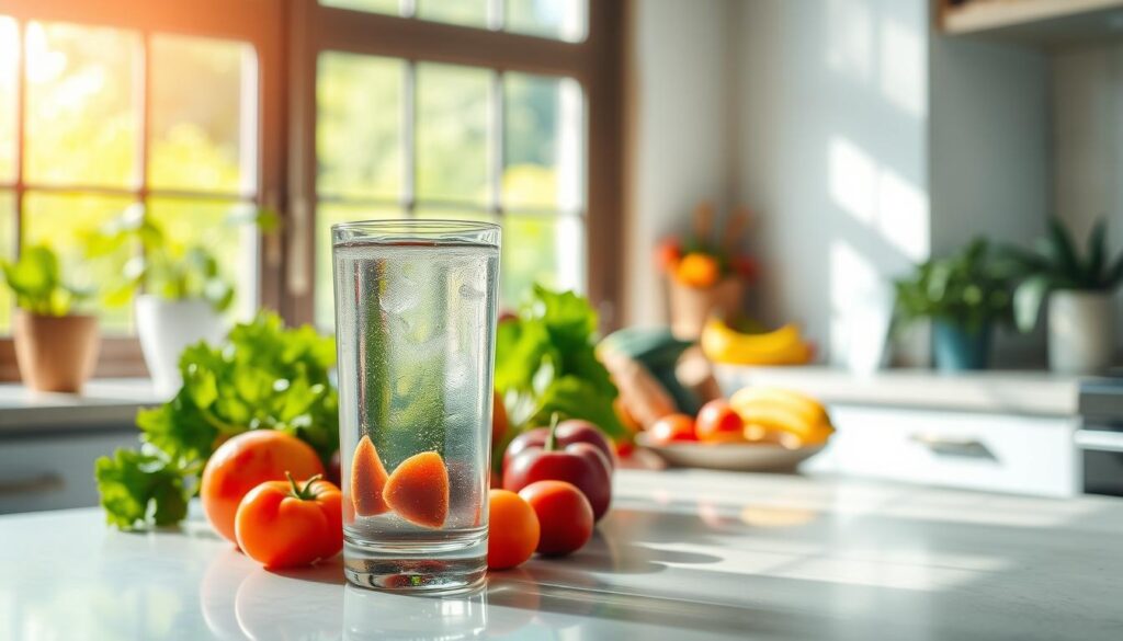 A serene, well-lit kitchen counter with a glass of clear, filtered water standing in the foreground. In the middle ground, various fresh fruits and vegetables are arranged, symbolizing the health benefits of clean, purified water. The background features a window overlooking a lush, verdant garden, bathed in soft, natural light. The overall scene conveys a sense of purity, vitality, and the importance of hydration for optimal wellbeing.