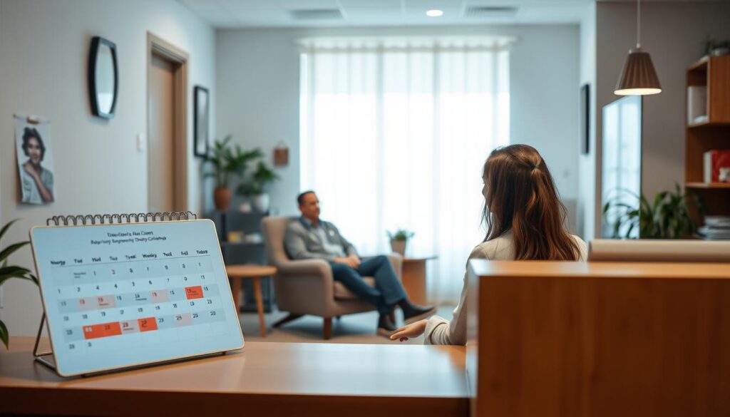 A serene, well-lit office setting with a receptionist's desk in the foreground, showcasing a digital calendar and a warm, inviting atmosphere. In the middle ground, a patient sits comfortably in a plush chair, engaged in a discussion with a professional-looking gastroenterologist. The background features subtle medical equipment and décor, conveying a sense of expertise and care. The lighting is soft and natural, creating a calming ambiance. The overall scene suggests a streamlined, efficient, and patient-centric experience for booking a gastroenterology appointment.