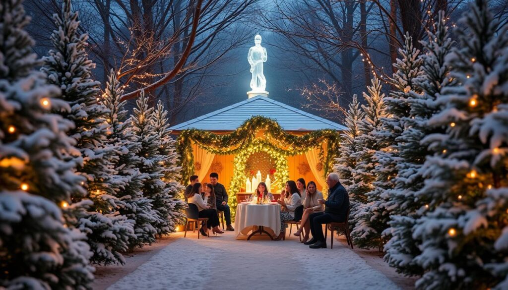 A serene winter wonderland birthday celebration in the heart of Singapore. Crisp, snow-covered evergreens line the path to a cozy, festively decorated pavilion, its warm glow inviting guests to gather round. Twinkling fairy lights adorn the trees, casting a magical ambiance over the scene. Families and friends sip hot cocoa and share laughter, their breath visible in the cool, still air. In the distance, a towering ice sculpture glistens under the soft, diffused lighting, creating a captivating focal point. The overall atmosphere is one of tranquil, festive enchantment, perfectly encapsulating the joyous spirit of a winter birthday in the tropics.