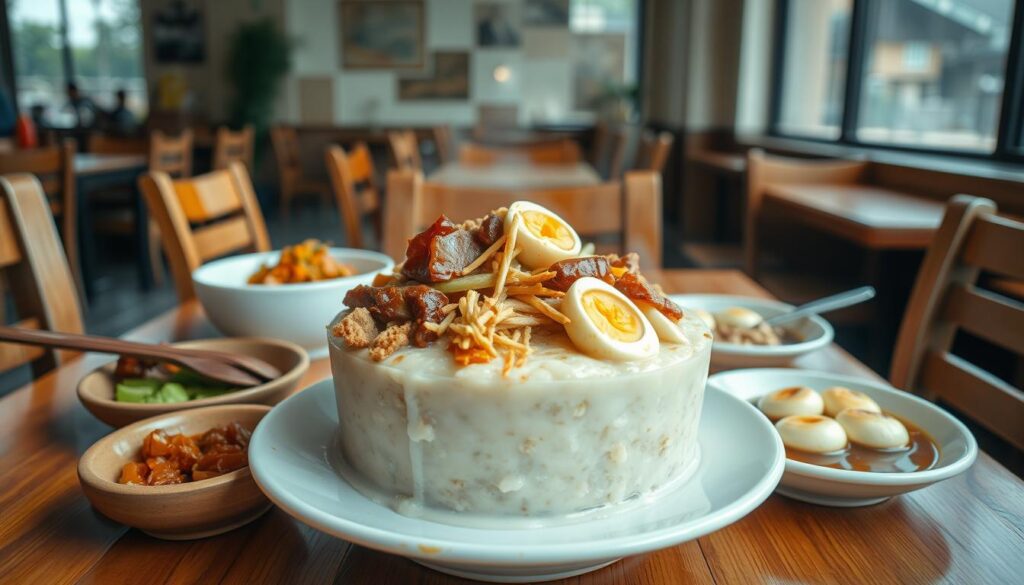 A simple yet appetizing spread of affordable Teochew porridge dishes, artfully arranged on a wooden table in a cozy, well-lit eatery. The porridge, steaming hot, is topped with an assortment of savory condiments - preserved vegetables, braised pork, century eggs, and crispy fried shallots. The table is set with simple, utilitarian utensils, evoking a humble, down-to-earth atmosphere. Soft, natural lighting from large windows bathes the scene, highlighting the textures and colors of the food. The overall composition and mood convey a sense of warmth, comfort, and accessibility, reflecting the essence of budget-friendly Teochew porridge eateries.