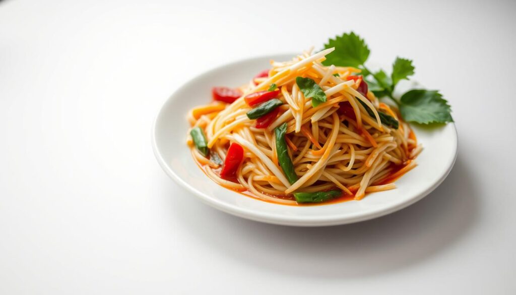 A simple yet enticing mee siam dish sits atop a plain white ceramic plate, its vibrant, mouthwatering colors bursting forth. Freshly cooked noodles mingle with a generous portion of crisp, juicy bean sprouts, complemented by a savory, slightly tangy sauce that glistens in the soft, diffused lighting. The overall presentation is humble yet appealing, capturing the essence of a budget-friendly, but nonetheless delectable, local favorite. The composition is framed in a clean, minimalist style, allowing the food to take center stage and showcase its unpretentious charm.