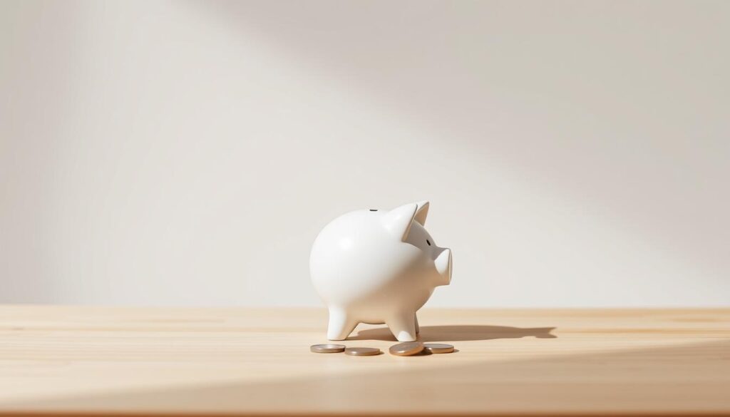 A simplistic, minimalist savings account with a clean, no-frills design. In the foreground, a sleek, monochrome piggy bank sits atop a plain wooden surface, its simple silhouette conveying the essence of a practical, straightforward savings option. The middle ground features a few scattered coins, hinting at the core function of the account - accumulating funds. The background is a serene, neutral-toned setting, devoid of distractions, allowing the focal point to shine. Soft, diffused lighting casts gentle shadows, creating a calm, uncluttered atmosphere. The overall composition emphasizes the no-nonsense, utility-focused nature of the no-frills savings account.