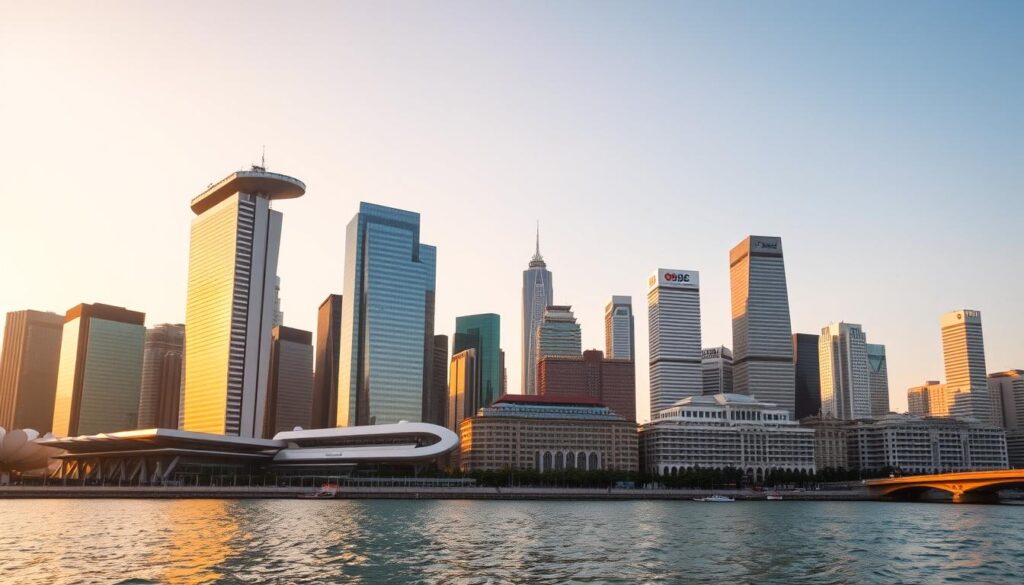 A skyline of the iconic skyscrapers and financial district of Singapore, bathed in warm golden hour light. In the foreground, the gleaming towers of the Marina Bay Financial Centre stand tall, their reflections rippling in the calm waters below. In the middle ground, the historic Raffles Place and its towering landmarks like the OCBC Centre and UOB Plaza come into view. The background is dominated by the striking silhouettes of Singapore's most prestigious banking institutions, their architectural styles reflecting the city's dynamic blend of modernity and tradition. The scene exudes a sense of prosperity, progress, and Singapore's status as a global financial hub.