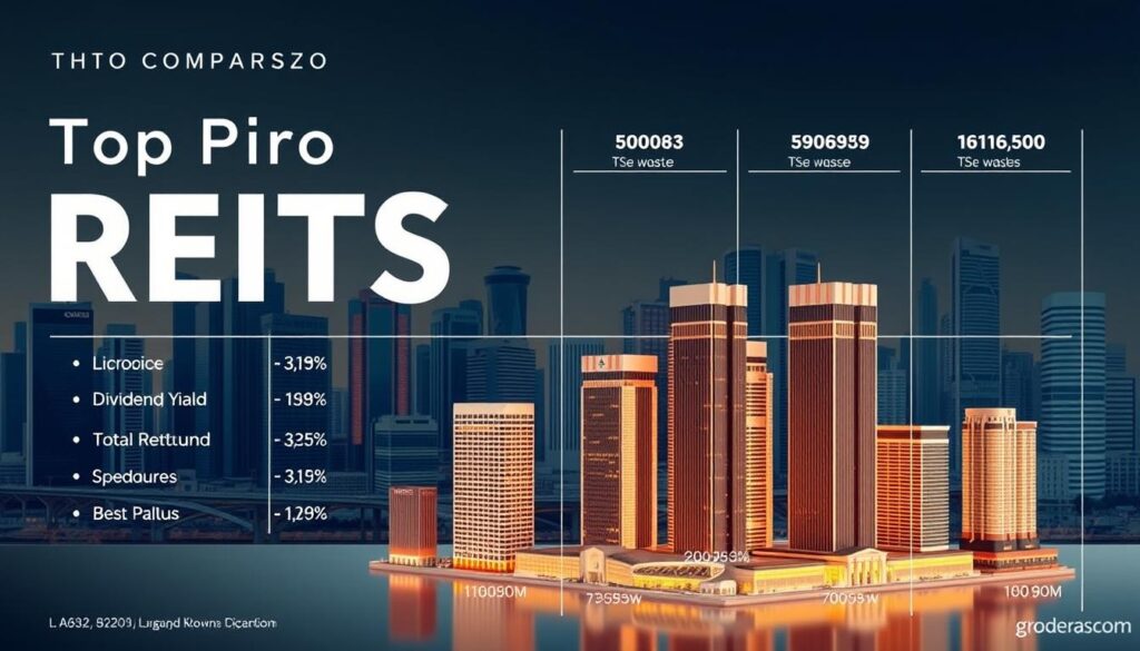 A sleek and informative comparison of top-performing real estate investment trusts (REITs) in Singapore. In the foreground, a clean, data-driven visualization showcases the key metrics of the leading REITs, such as dividend yield, total return, and asset value. The middle ground features realistic 3D renderings of the iconic commercial properties owned by these REITs, depicted in a warm, golden lighting that highlights their architectural elegance. In the background, a sophisticated cityscape of Singapore's financial district sets the scene, with skyscrapers and modern infrastructure conveying a sense of dynamism and economic prosperity. The overall mood is one of professional analysis, institutional quality, and reliable long-term investment opportunities.
