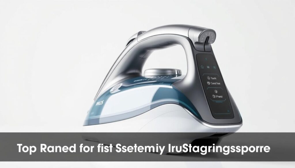 A sleek and modern Philips steam iron with advanced features, set against a clean white background. The iron is positioned in the center, with a smooth chrome body and a sturdy soleplate that glistens under carefully placed studio lighting. The steam vents are prominently displayed, hinting at the iron's powerful steam output. The control panel features intuitive touch-sensitive buttons and a large digital display, showcasing the various settings and options available. The overall composition is clean, well-balanced, and emphasizes the iron's cutting-edge design and functionality, making it an ideal fit for the "Top Brands for the Best Steam Iron Singapore" section.