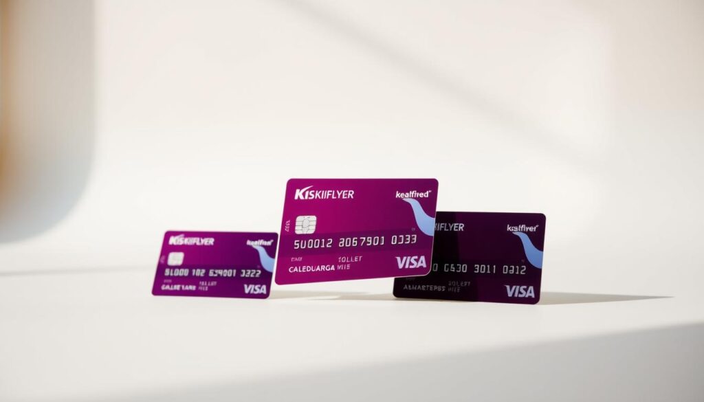A sleek and modern image of multiple KrisFlyer miles credit cards elegantly arranged on a minimalist white background. The cards are displayed in the foreground, with a sharp depth of field that emphasizes their detailed design elements. The mid-ground features a subtle, soft-focus backdrop, hinting at the luxurious and premium nature of the KrisFlyer program. Warm, natural lighting illuminates the scene, casting gentle shadows and highlights that accentuate the cards' metallic and glossy finishes. The overall mood is one of sophistication, exclusivity, and the allure of earning valuable miles for travel rewards.