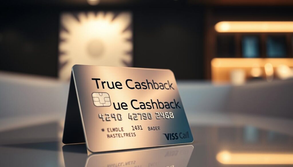 A sleek and modern image showcasing the concept of "flat rate cashback rewards". In the foreground, a shiny metallic credit card with the words "True Cashback" prominently displayed, reflecting a warm, ambient lighting. The card is placed on a clean, minimalist surface, perhaps a reflective glass or metal table, creating a sense of sophistication and simplicity. In the middle ground, a subtle pattern or abstract design element subtly reinforces the idea of financial rewards, while the background maintains a soft, blurred focus, keeping the attention on the central card. The overall mood is one of elegance, efficiency, and the allure of straightforward, hassle-free cash back benefits.