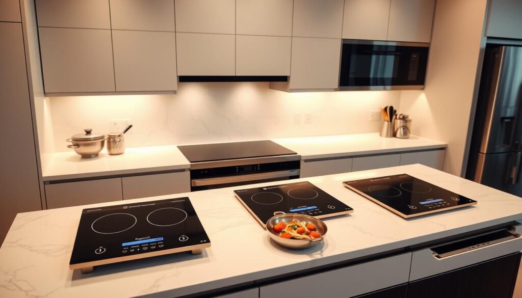 A sleek and modern kitchen setting, with a well-lit arrangement of top-of-the-line induction cookers prominently displayed on a pristine marble countertop. The cooktops are showcased against a neutral, minimalist backdrop, allowing their advanced features and elegant designs to shine. Soft, warm lighting illuminates the scene, creating a welcoming and inviting atmosphere. The cookers are presented in a visually compelling manner, highlighting their versatility and suitability for the Singaporean home chef. The overall composition conveys a sense of sophistication, functionality, and the pinnacle of induction cooking technology.