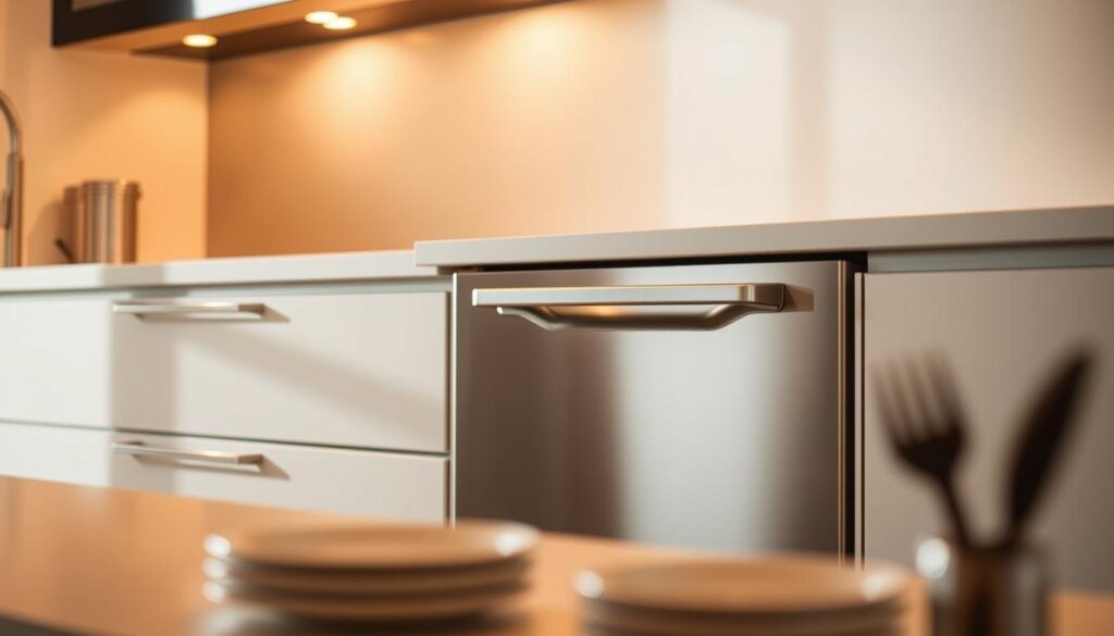 A sleek, built-in dishwasher nestled seamlessly into a modern kitchen countertop. The stainless steel finish gleams under warm, overhead lighting, casting subtle shadows that accentuate its clean, minimalist design. The dishwasher door is flush with the cabinetry, creating a cohesive, integrated look. In the foreground, a few dishes and utensils are neatly arranged, hinting at the appliance's efficient cleaning capabilities. The background features a neutral-toned backsplash and walls, allowing the dishwasher to take center stage as the focal point of this contemporary kitchen setting.