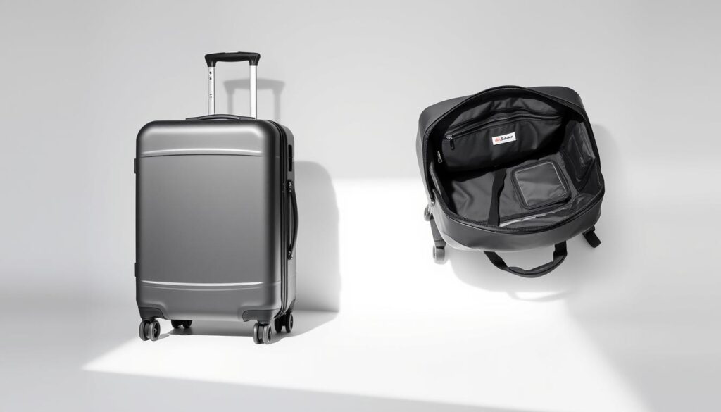 A sleek, durable hardside luggage set in a classic charcoal grey, designed specifically for the discerning flight crew. The main piece features a sturdy polycarbonate shell, smooth-gliding spinner wheels, and a comfortable telescoping handle. The matching carry-on bag boasts a spacious interior with organizational compartments, complementing the larger checked piece. Soft-close zippers and reinforced corners ensure reliable protection for the contents. Subtle branding and a professional matte finish convey a refined, travel-ready aesthetic. Soft, indirect lighting illuminates the luggage set, capturing its premium quality and functional elegance against a clean, minimalist backdrop.