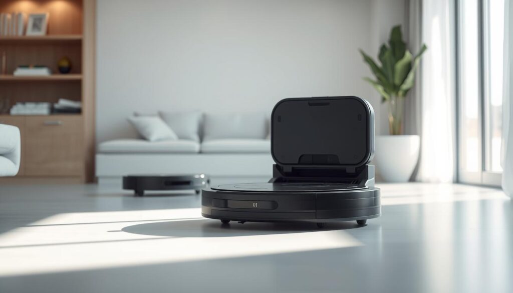 A sleek, futuristic scene of self-emptying robotic cleaners effortlessly gliding across a pristine, high-tech home interior. In the foreground, a state-of-the-art robotic vacuum cleaner with a minimalist, streamlined design autonomously navigates the room, its sensors mapping the layout and detecting dirt. In the middle ground, a robotic dust bin empties itself into a discrete compartment, efficiently disposing of the collected debris. Bathed in soft, ambient lighting and set against a backdrop of modern, minimalist decor, the scene conveys a sense of seamless, automated cleaning that blends harmoniously with the home environment.