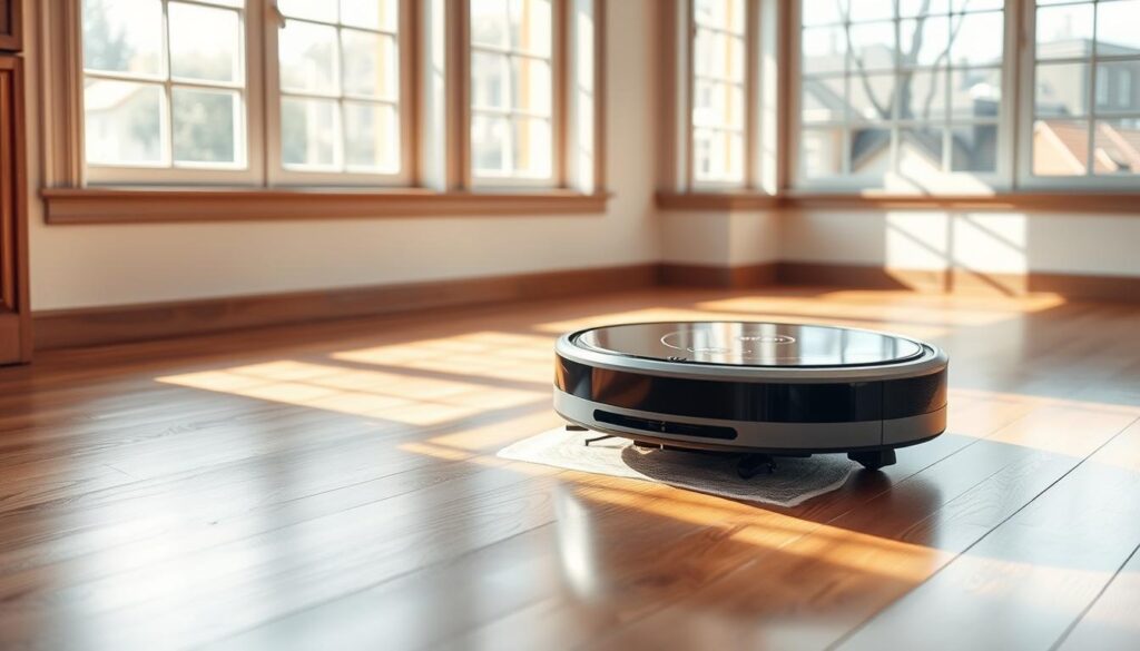 A sleek, high-tech robot vacuum cleaner with advanced mopping features glides effortlessly across a pristine hardwood floor, its streamlined body casting soft shadows in the warm, natural light that filters through large windows. The mopping mechanism, equipped with state-of-the-art sensors, precisely navigates the floor, leaving a gleaming, spotless surface in its wake. The robot's intelligent algorithms analyze the room's layout, adapting its cleaning patterns to maximize efficiency. A sense of advanced technology and thoughtful design permeates the scene, creating an atmosphere of modern, functional elegance.