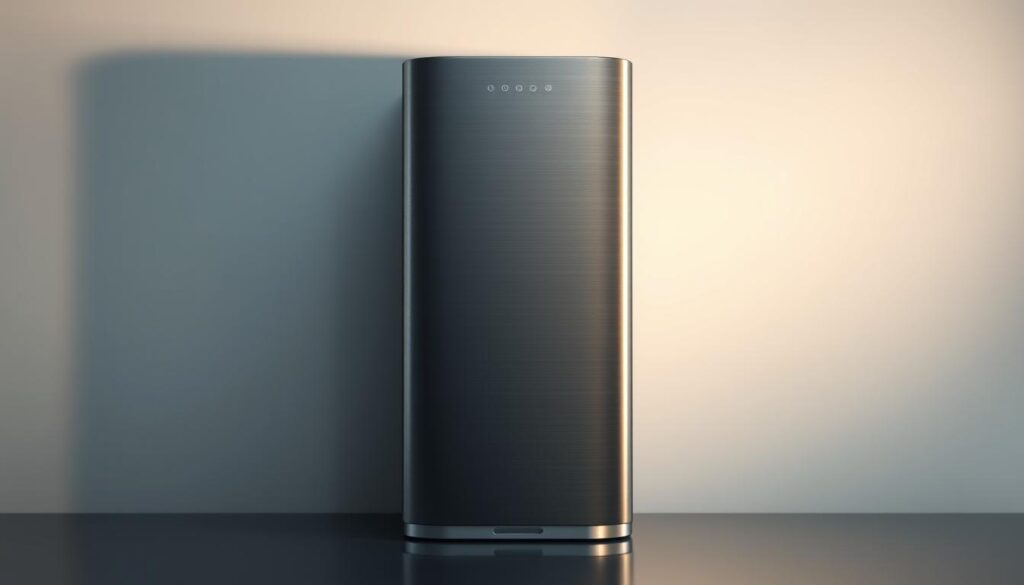 A sleek, high-tech tankless water purifier stands prominently in the center of the frame, its modern design and brushed metal finish gleaming under soft, even lighting. The purifier's compact body is complemented by clean lines and minimalist controls, conveying a sense of efficient, streamlined functionality. In the background, a subtle gradient backdrop subtly emphasizes the purifier's minimalist aesthetic, while carefully placed shadows and reflections add depth and dimensionality to the scene. The overall mood is one of sophistication, innovation, and reliability - perfectly suited to showcase the "Sterra 7™" as the best tankless water purifier for the Singapore market.