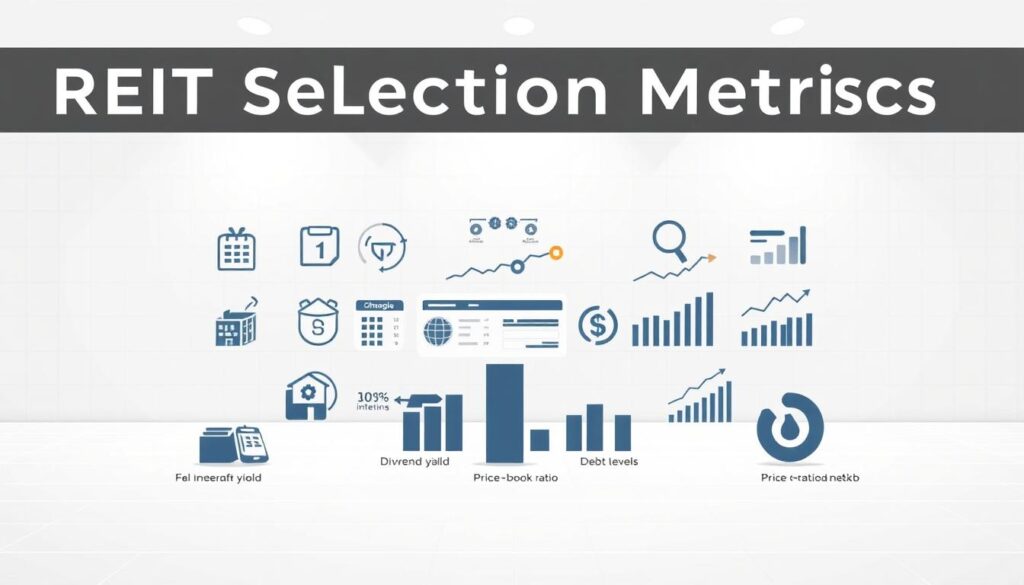 A sleek, minimalist infographic showcasing REIT selection metrics. In the foreground, a collection of icons and graphs representing factors like dividend yield, price-to-book ratio, and debt levels. The middle ground features neatly arranged financial data and statistical visualizations, conveying the analytical rigor behind REIT selection. The background has a subtle grid pattern, lending a sense of structure and professionalism. Bright, neutral lighting illuminates the scene, creating a clean, polished aesthetic. The overall mood is one of informed decision-making, with the image serving as a visual guide to the key considerations in choosing the best REITs.