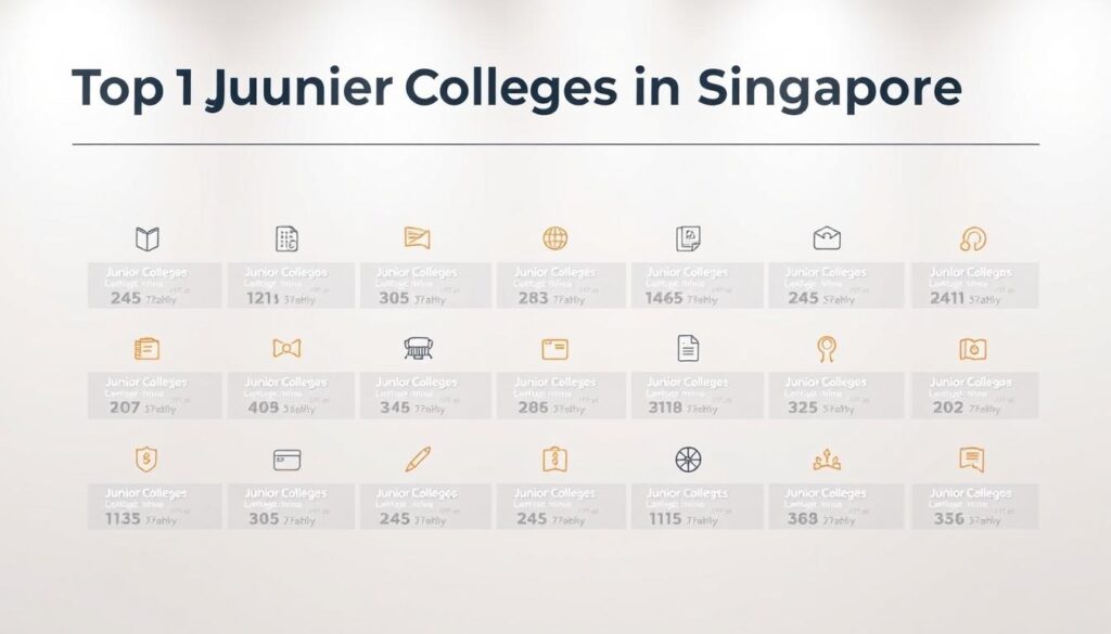 A sleek, minimalist infographic showcasing the top junior colleges in Singapore, with a clean, modern aesthetic. The background is a soft, neutral palette, allowing the ranking information to take center stage. The top colleges are displayed in a grid-like arrangement, each represented by a simple icon or logo, accompanied by their respective rankings and key statistics. The overall layout is balanced and visually appealing, conveying a sense of professionalism and authority. The lighting is soft and diffused, creating a subtle, refined atmosphere that complements the subject matter.