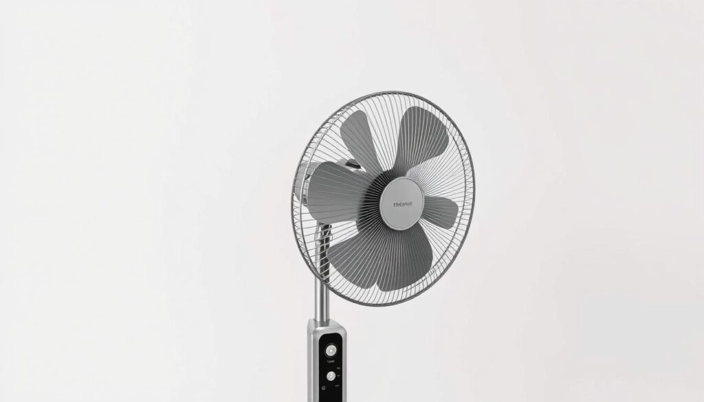 A sleek, minimalist standing fan against a clean, white background. The fan's key features are prominently displayed, including the oscillation mechanism, adjustable speed settings, and intuitive control panel. Warm, directional lighting highlights the fan's streamlined design and glossy finish, creating a sense of modern sophistication. The image conveys the attention to detail and high-quality craftsmanship that distinguish the best standing fans on the Singapore market.