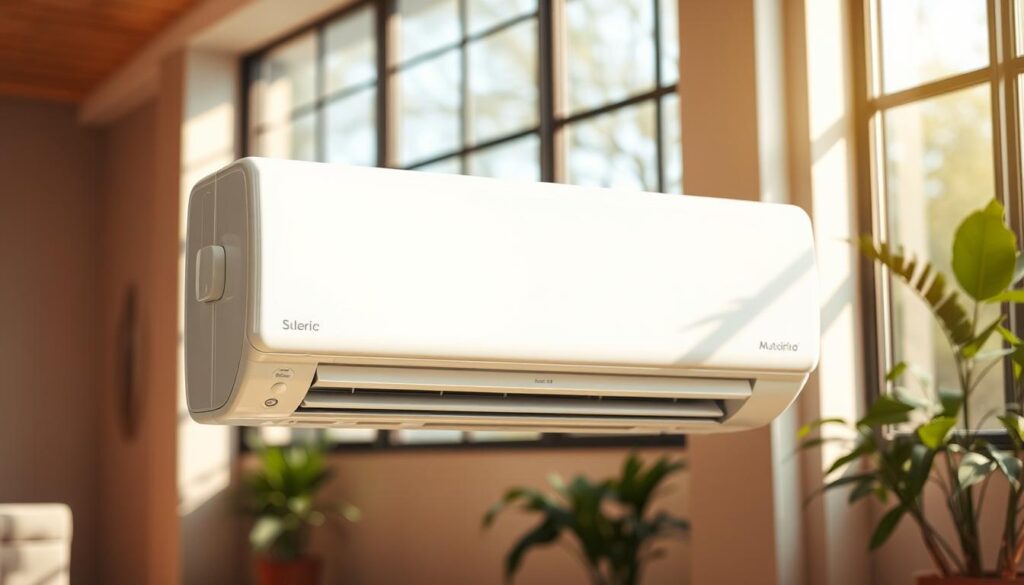 A sleek, modern air conditioning unit set against a minimalist, energy-efficient home interior. The AC system is prominently featured, its clean lines and glossy white casing reflecting the soft, natural light filtering in through large windows. The background features warm, neutral tones, with subtle hints of greenery and natural materials like wood, creating a calming, sustainable ambiance. The image conveys a sense of effortless efficiency, where advanced climate control seamlessly integrates with an eco-friendly living space.