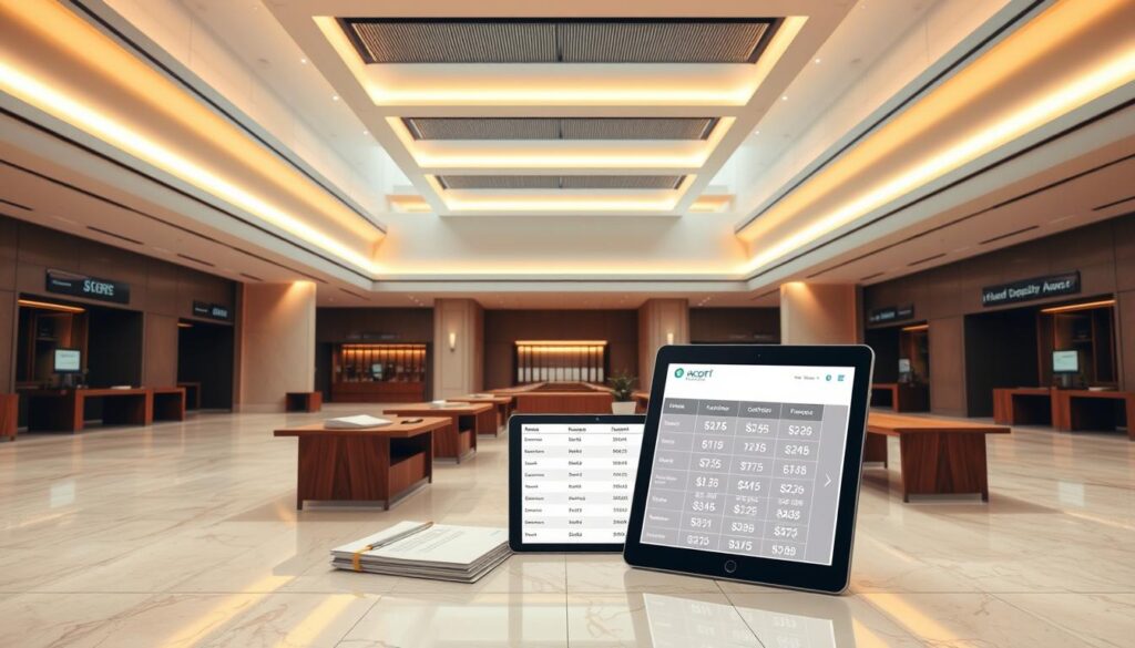 A sleek, modern banking hall with a high-ceilinged interior, bathed in warm, directional lighting. Polished marble floors reflect the scene, while minimalist wooden benches and desks populate the space. On the desks, various financial documents and a tablet display a comprehensive comparison of fixed deposit rates from the top banks in Singapore, organized in a clean, data-driven layout. The atmosphere is one of professionalism and trust, inviting the viewer to explore the best fixed deposit options available.