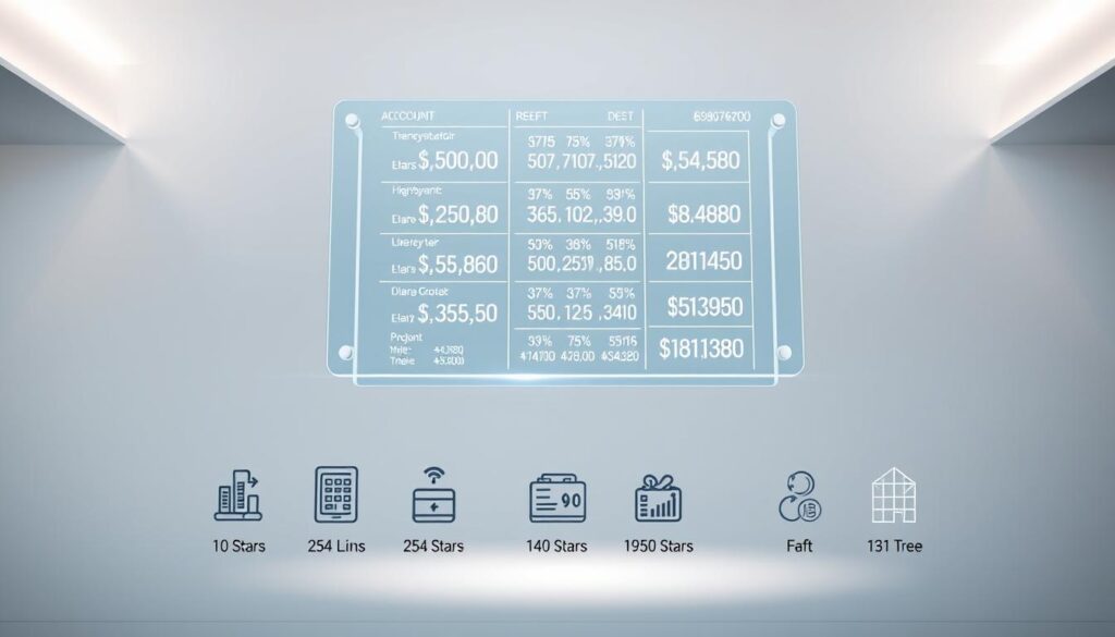A sleek, modern banking interface hovers in a serene, minimalist environment. Soft, diffused lighting illuminates a transparent glass surface, revealing intricate financial data and numerical calculations. In the foreground, a series of meticulously designed icons represent various account fees and charges, conveying a sense of precision and attention to detail. The overall composition evokes a sophisticated, tech-savvy aesthetic, reflecting the high-quality services and transparent pricing structures of a top-rated Singapore bank.