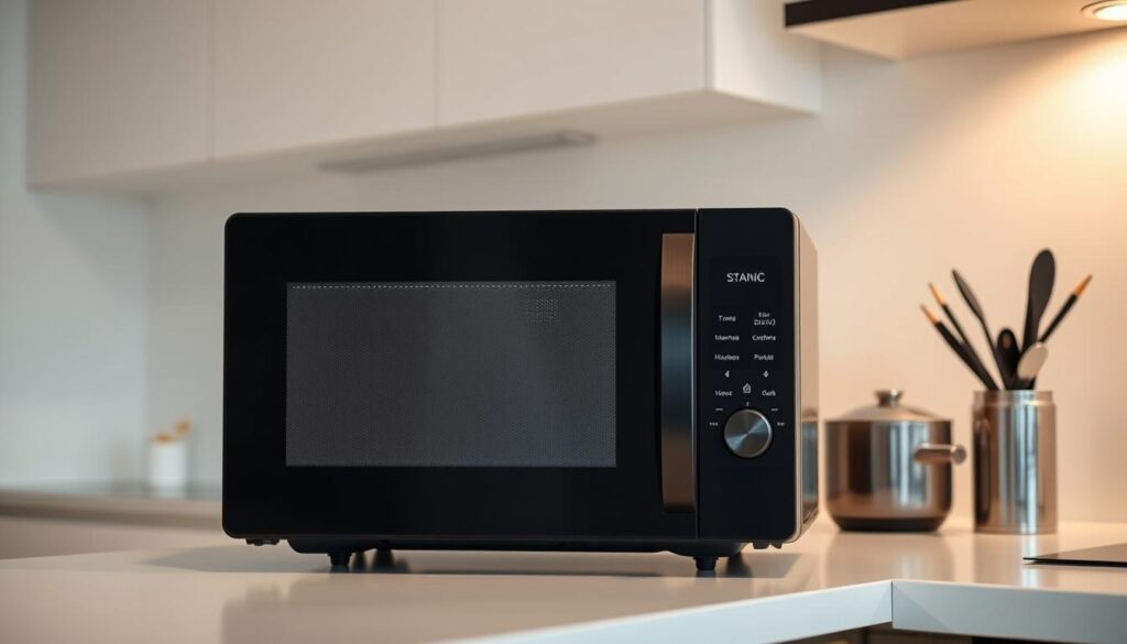 A sleek, modern budget microwave oven sitting atop a white kitchen counter in a well-lit, minimalist Singapore home. The oven features a clean, matte black exterior with a large, easy-to-read digital display. Soft, directional lighting illuminates the oven, creating a warm, inviting ambiance. The scene is captured from a slightly elevated angle, showcasing the oven's compact yet functional design that would seamlessly integrate into any contemporary kitchen layout. The background is subtly blurred, placing the focus on the microwave as the central subject.