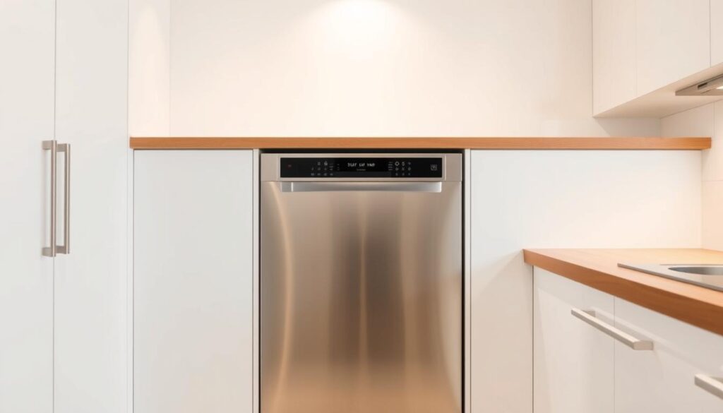A sleek, modern built-in dishwasher standing elegantly in a bright, minimalist kitchen. The stainless steel appliance is seamlessly integrated into the cabinetry, its clean lines and discreet controls blending harmoniously with the surrounding white tiles and wooden countertops. Soft, diffused lighting from above highlights the dishwasher's gleaming surface, conveying a sense of premium quality and thoughtful design. The scene exudes a calm, inviting atmosphere, showcasing the sophisticated integration of this essential household appliance into a stylish Singaporean home.