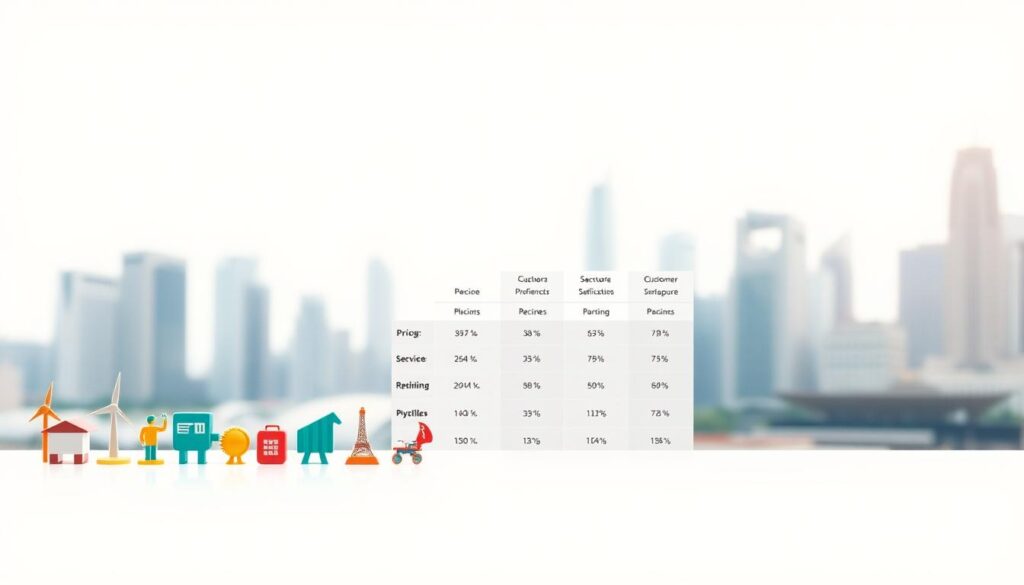 A sleek, modern comparison of electricity retailers in Singapore. In the foreground, a lineup of colorful, minimalist icons representing different power companies, neatly arranged against a crisp, white background. The middle ground features a clean, data-driven infographic with key metrics like pricing, renewable energy mix, and customer satisfaction ratings. In the background, a softly blurred cityscape of Singapore's iconic skyscrapers, hinting at the urban landscape this decision will impact. The scene is illuminated by a warm, natural lighting that creates a sense of clarity and professionalism. The overall mood is one of informed decision-making, with a focus on providing the viewer with the essential information needed to choose the best electricity plan.