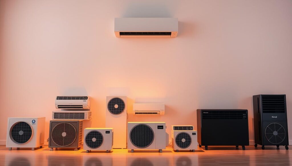 A sleek, modern comparison of top air conditioning brands showcased in a minimalist, high-contrast setting. In the foreground, several air conditioner units of varying sizes and styles are arranged in a grid, each highlighted with warm, directional lighting to emphasize their distinct designs. The middle ground features a clean, seamless background, perhaps a soft-focus wall or surface, allowing the products to take center stage. The overall mood is one of sophistication and attention to detail, inviting the viewer to closely examine and compare the featured air conditioning units.