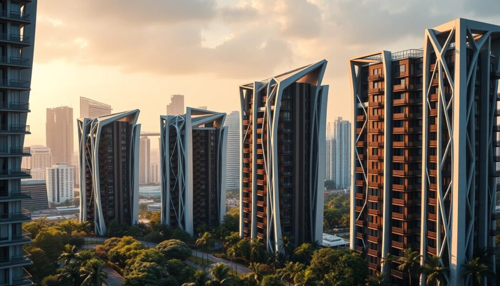 A sleek, modern condominium complex with unique, angular architectural designs set against the backdrop of the vibrant city skyline of Singapore. The buildings feature clean lines, sharp edges, and intricate geometric patterns, creating a bold and striking visual aesthetic. The structures are bathed in warm, golden light, casting dramatic shadows and highlighting the interplay of light and shadow. The composition frames the condos amidst a cityscape of towering skyscrapers, lush greenery, and a hazy, atmospheric sky, conveying a sense of urban sophistication and futuristic elegance.