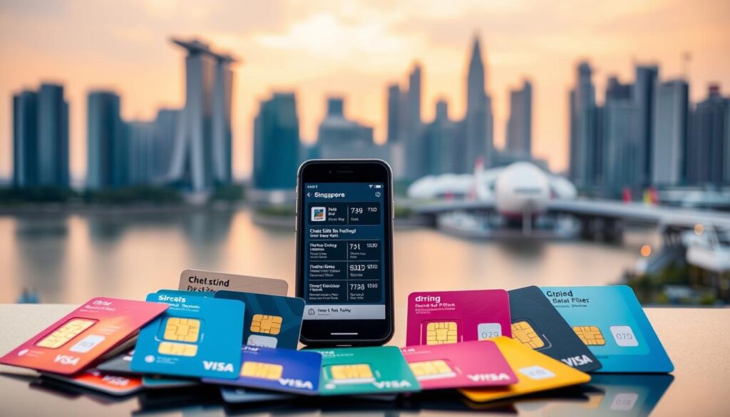 A sleek, modern display of prepaid SIM card options for tourists visiting Singapore. In the foreground, an assortment of colorful SIM cards and their packaging, captured with a shallow depth of field to draw the eye. In the middle ground, a smartphone or mobile device displaying data plan details. The background features a blurred cityscape of Singapore's iconic skyscrapers and landmarks, bathed in warm, golden light to convey a sense of sophistication and travel. The overall composition is clean, minimalist, and visually appealing, showcasing the best prepaid SIM plans for tourists in an elegant and informative manner.