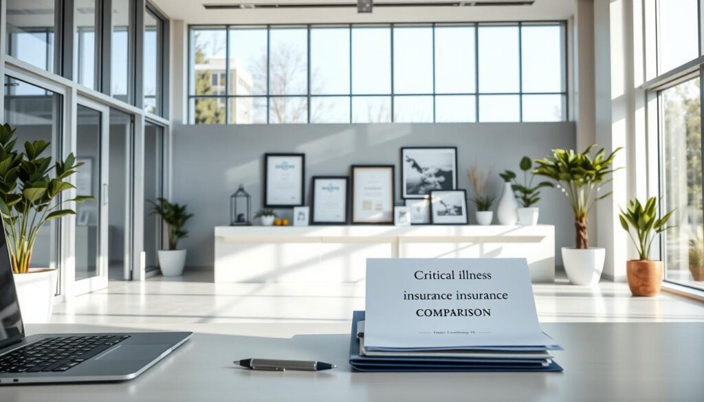A sleek, modern financial office interior with large windows that allow natural light to pour in. In the foreground, a neatly organized desk features a laptop, pen, and a folder labeled "Critical Illness Insurance Comparison". The middle ground showcases a row of framed certificates and awards, hinting at the expertise and trustworthiness of the establishment. The background features a minimalist, yet elegant decor with potted plants, modern artwork, and a sophisticated color palette of grays, whites, and wooden accents, creating a professional and inviting atmosphere.