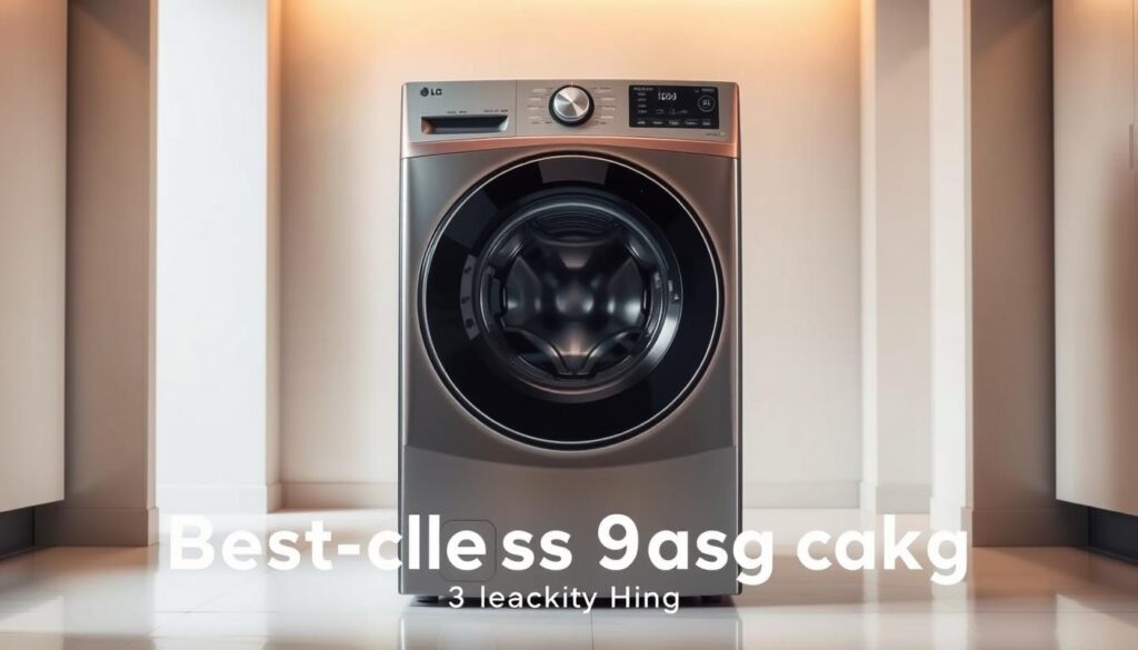 A sleek, modern front-load washing machine from LG, standing in a well-lit, minimalist laundry room. The machine's metallic silver finish gleams under warm, diffused lighting, reflecting the clean, contemporary aesthetic of the space. The machine is positioned in the center of the frame, taking up the majority of the middle ground, with ample negative space surrounding it to create a sense of simplicity and focus. The background features a neutral-toned wall, suggesting a high-end, residential setting. The image conveys a sense of efficiency, quality, and premium design, aligning with the best-in-class 9kg capacity and the overall theme of the article.