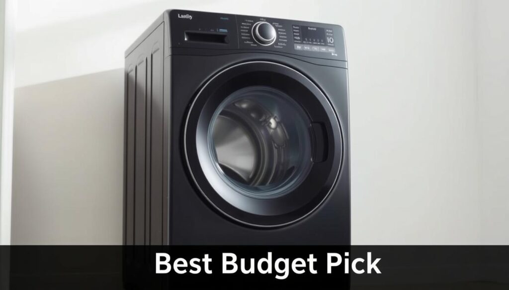 A sleek, modern front-load washing machine with a matte black finish, standing in a well-lit, minimalist laundry room. The machine's door is slightly ajar, revealing a glimpse of the interior. The background is a clean, neutral-toned wall, allowing the appliance to take center stage. Soft, directional lighting casts subtle shadows, highlighting the machine's design elements and creating a sense of depth. The overall composition conveys a simple, practical, and budget-friendly aesthetic that aligns with the "Best Budget Pick" theme.