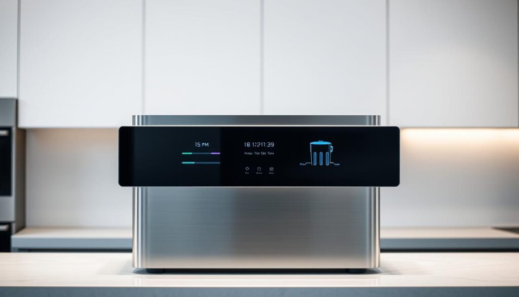 A sleek, modern home water filtration system with a minimalist design. The unit is situated on a kitchen countertop, made of stainless steel and tempered glass, with a digital display showcasing the filter status. Soft, indirect lighting casts a warm glow, creating a sense of functionality and sophistication. The system is positioned against a backdrop of clean, white cabinetry, emphasizing its integrated, built-in aesthetic. The overall composition conveys a high-quality, efficient, and visually appealing solution for providing clean, filtered water in a contemporary home setting.