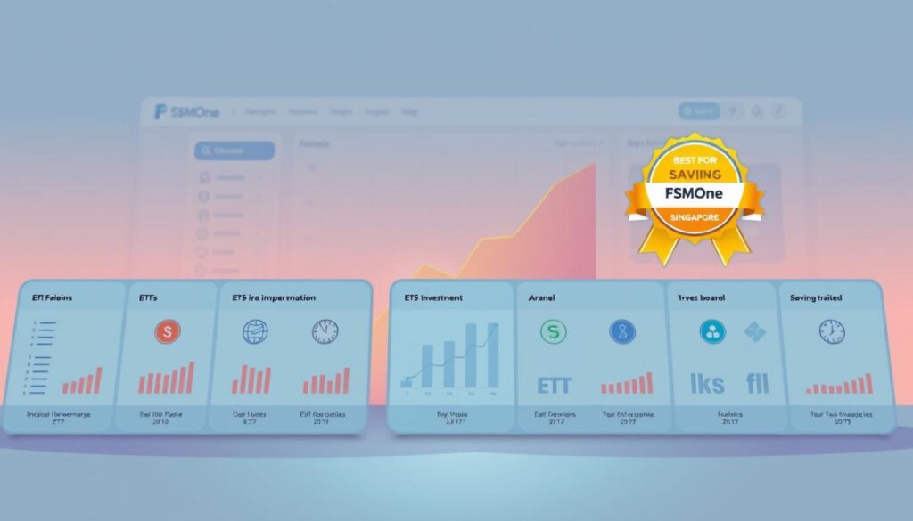 A sleek, modern illustration showcasing FSMOne's investment plans. In the foreground, a crisp, minimalist display of various ETF options, each with clear icons and text. The middle ground features a stylized graph charting investment growth, casting a warm glow across the scene. In the background, a clean, professional-looking interface with intuitive menus and dashboard, all bathed in a soft, inviting light. The overall composition conveys a sense of confidence, accessibility, and financial empowerment - the perfect visual accompaniment to highlight FSMOne as the "Best for Regular Savings Plans" on Singapore's top trading platforms.