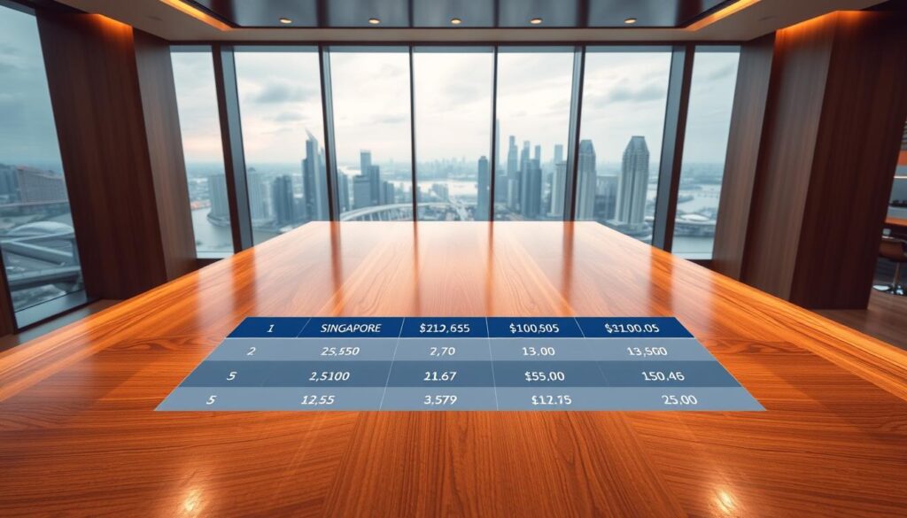 A sleek, modern interior scene with a large wooden table showcasing different fixed deposit rate options for Singapore banks. The table is well-lit, with soft, warm lighting accentuating the glossy surface and highlighting the text and numbers detailing the rates. In the background, a panoramic window offers a breathtaking view of the Singapore skyline, creating a sense of sophistication and financial stability. The overall atmosphere is professional, inviting, and designed to convey the importance of making informed financial decisions.