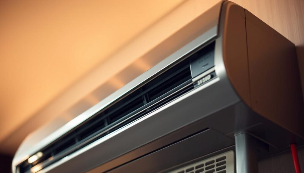 A sleek, modern inverter air conditioning unit, its metallic casing gleaming under warm, directional lighting. The unit is positioned at an angle, showcasing its clean, minimalist design and advanced airflow technology. In the foreground, the inverter's inner workings are subtly visible, hinting at the sophisticated engineering within. The background is blurred, drawing the viewer's focus to the centerpiece of the image - the inverter aircon itself, a testament to the efficiency and innovation of this HVAC technology.