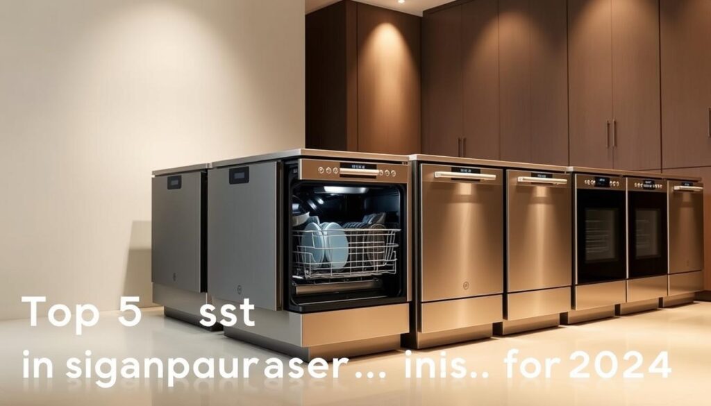 A sleek, modern kitchen interior with a row of top-of-the-line dishwashers prominently displayed. The dishwashers are arranged in a well-lit, minimalist setting, showcasing their clean lines, stainless steel finishes, and advanced control panels. Soft, indirect lighting creates a warm, inviting ambiance, highlighting the appliances' sophisticated design. The background features muted tones, allowing the dishwashers to take center stage. The image conveys a sense of quality, efficiency, and the latest technological advancements in kitchen appliances, perfectly suited for the "Top 5 Best Dishwashers in Singapore for 2024" section.