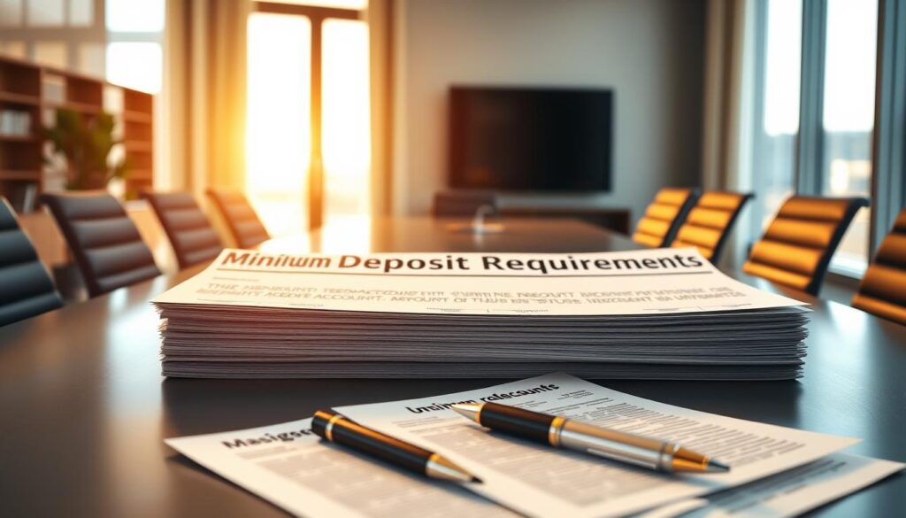 A sleek, modern office interior with a large desk showcasing a stack of documents titled "Minimum Deposit Requirements". The desk is illuminated by warm, natural lighting from a window in the background, creating a professional and inviting atmosphere. In the foreground, various financial documents and a pen are neatly arranged, hinting at the detailed information about bank account minimums. The overall composition conveys a sense of clarity, organization, and the importance of understanding the fine print when it comes to personal finance.