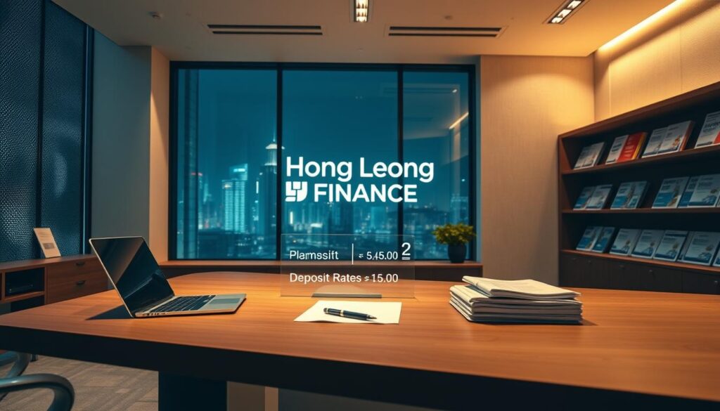 A sleek, modern office interior with warm lighting and clean lines. In the foreground, a wooden desk with a laptop, pen, and a stack of documents labeled "Hong Leong Finance". On the desk, a glass display showcasing fixed deposit rates in a minimalist, elegant design. The middle ground features a large window overlooking a vibrant cityscape, with the Hong Leong Finance logo prominently displayed. The background has subtle textured walls and shelves filled with financial publications, creating a professional, authoritative atmosphere. The overall mood is one of trustworthiness, reliability, and financial expertise.